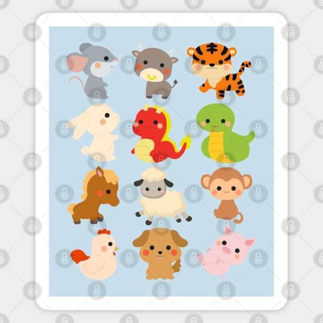 12 Chinese Zodiac Animals Cute Kawaii Colorful Sticker by Enriched by Art